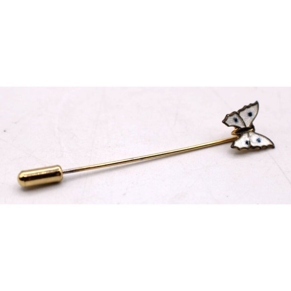 Vintage Gold-Tone White and Blue Enamel Butterfly Stick Pin Jewelry Lapel Hat